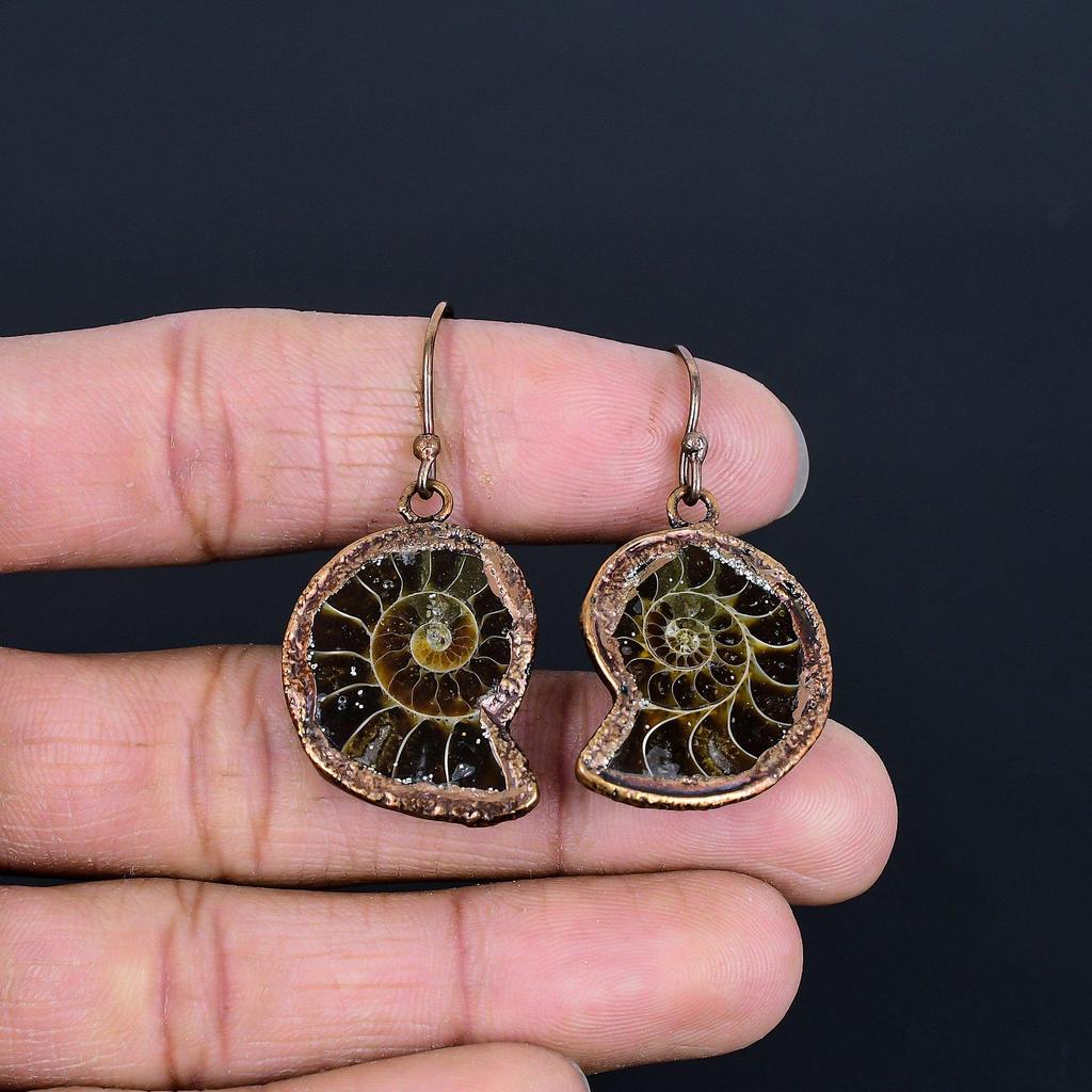 Ammonite Fossil Earrings Gemstone Jewelry, Copper Electroformed Earrings, Gift For Women Handmade Earrings