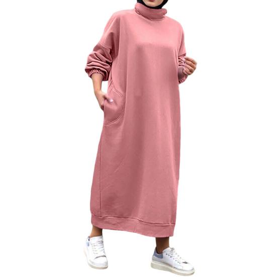 

Женское зимнее платье свободного кроя с длинными рукавами, однотонное, с высоким воротом, для мягкой защиты шеи, повседневное, не линяющее, больших размеров, осеннее платье для повседневной носки M розовый