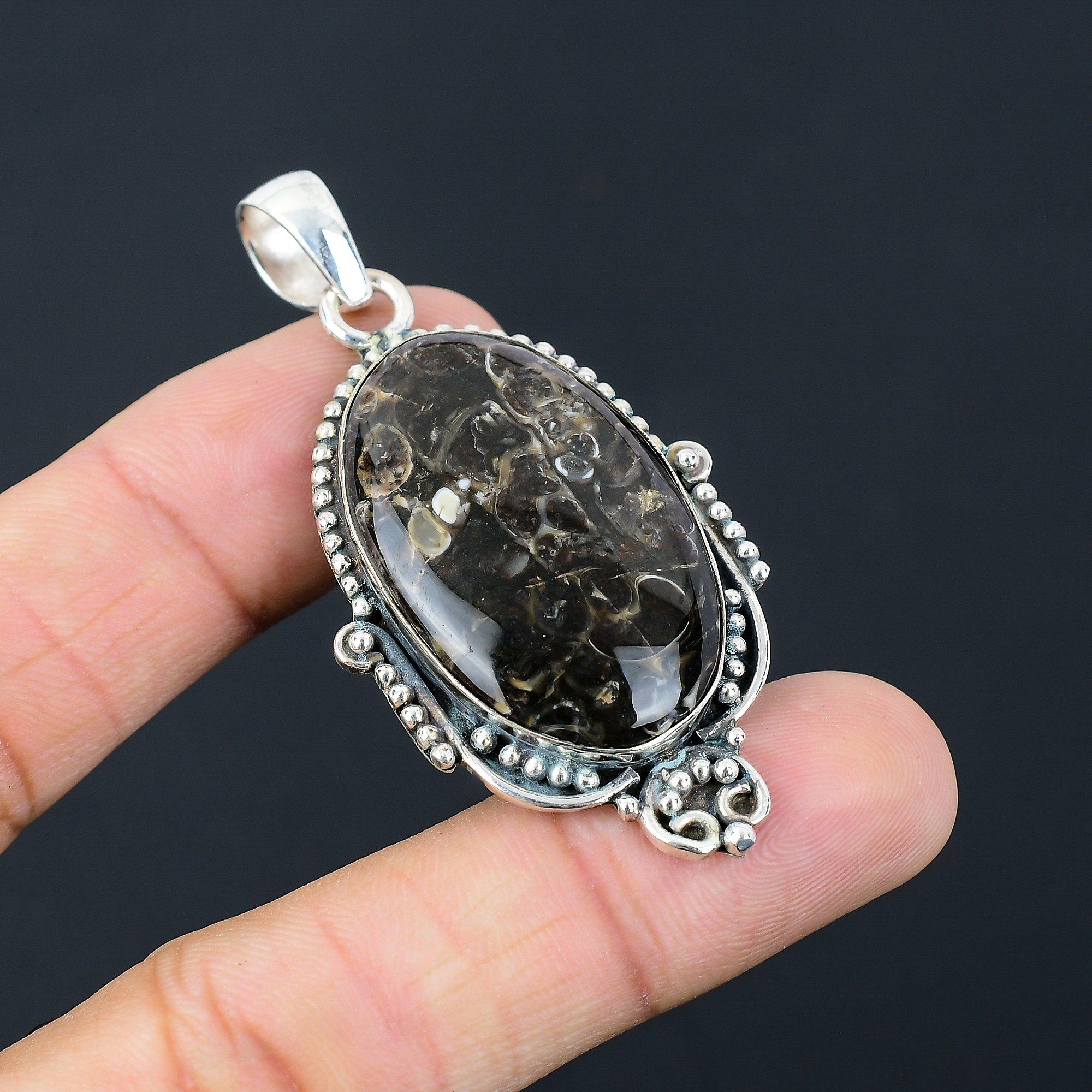 Friendship Day Deal Oval Turritella Agate Stone Pendant Jewelry Sterling Silver