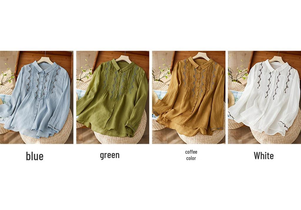Women's Artistic Retro Embroidered Cotton Linen Shirt - Loose Casual Spring 2026