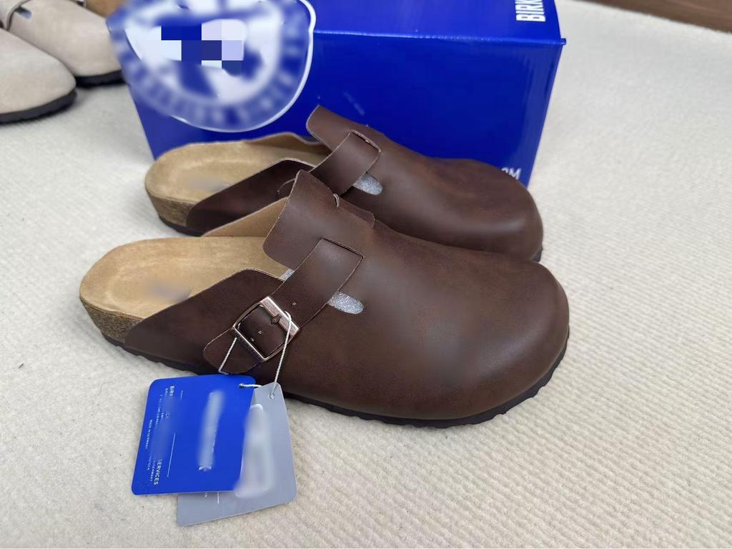 Birkenstock Genuine Leather Closed-Toe Half Slippers for Men and Women - Cork Insole, Spring/Autumn Style.