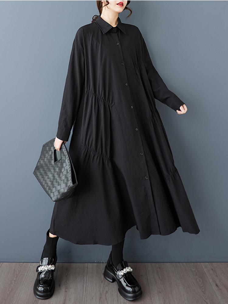 Xitao Pleated Single Breasted Lapel Dress GYX1542