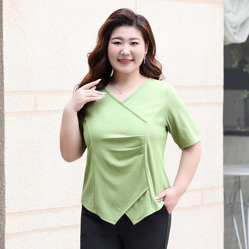 

Футболка большого размера женская с v-образным вырезом и короткими рукавами, летняя, новый дизайн, нишевый темперамент, закрывающий живот и тонкий топ 6XL [185-100kg]