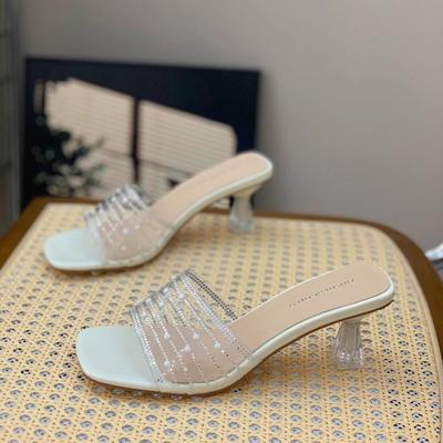 Go Out High Heels Summer New Square Head Thick Heel Wear French Rhinestone Slippers