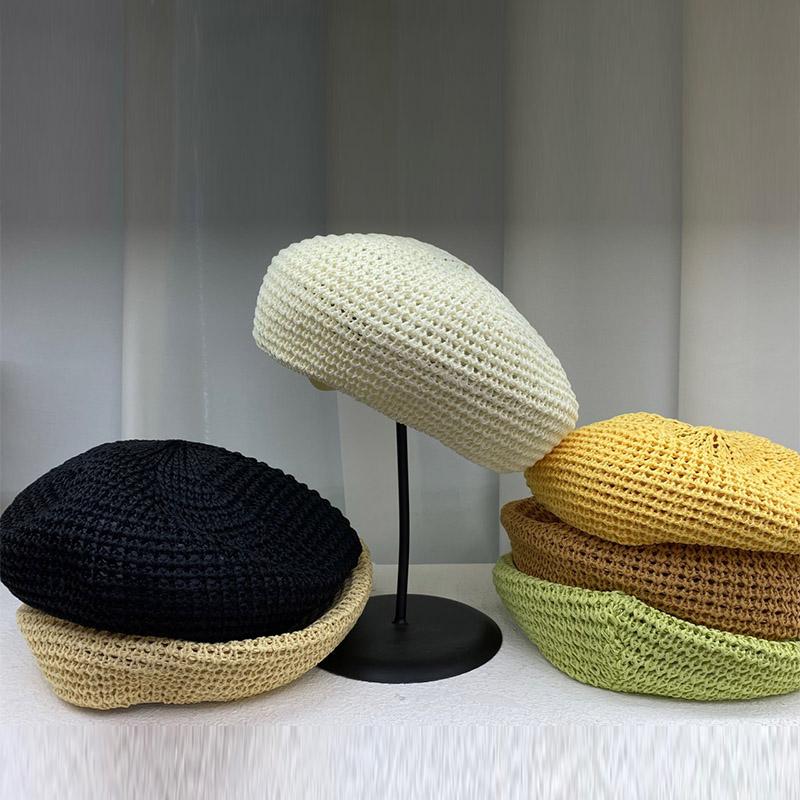 Women's Berer Summer Woven Straw Beret Hat Crochet Straw Cap Sun Hat French Painter Hat Handmade Beach Hat Gift for Her