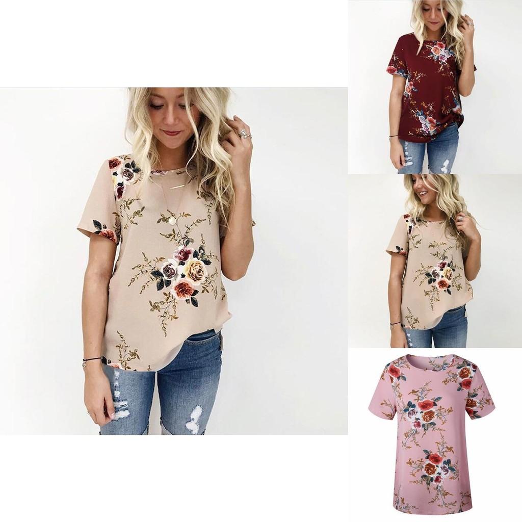 Elegant Summer Women Blouse Floral Print Short Sleeve Loose Casual T-shirt Tops