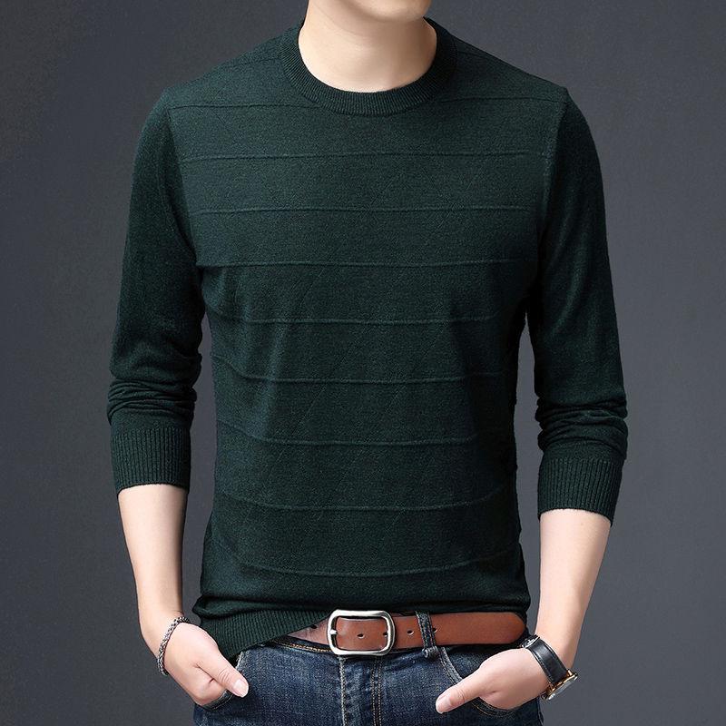 Men's Sweater Knitted Sweater Solid Color Striped Jacquard Round Neck Long Sleeved Base Top