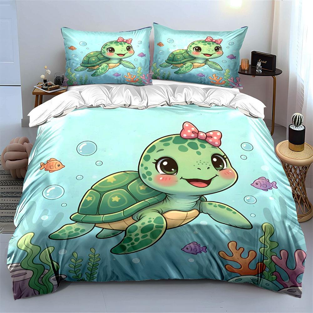Cartoon Turtle with Pink Bow Bedding Duvet Cover Set (1*Duvet Cover 2*Pillowcases, without duvet insert)