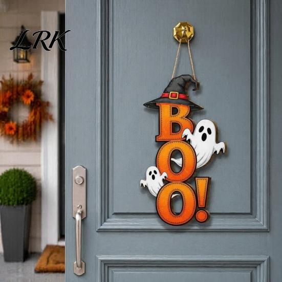 Halloween Hanging Sign Boo Ghost Sign, Wooden Door Hanger Cute Retro Decor Witch Hat for Front Wall Festival Celebration