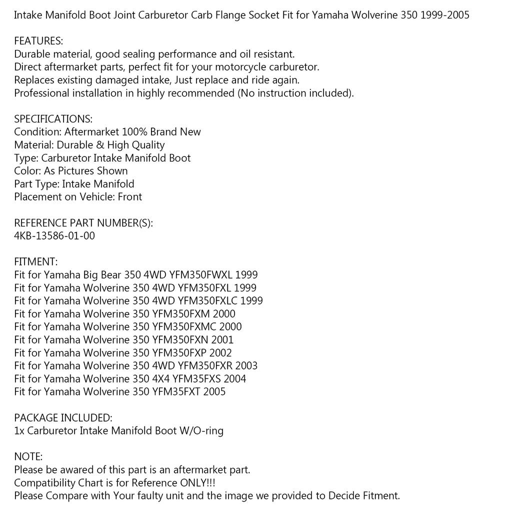 Carburetor Intake Boot Joint Fit for Yamaha Wolverine 350 1999-2005 4KB-13586-01