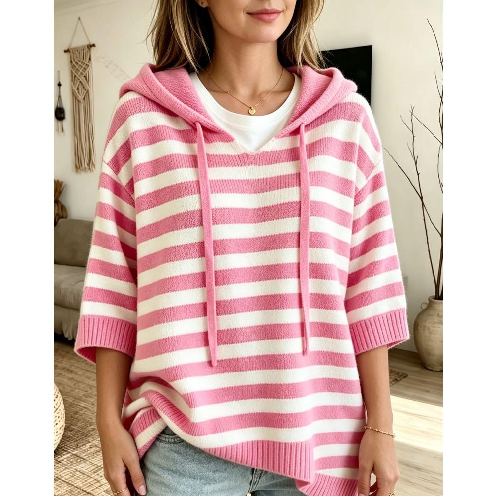 Women's New Hooded Drawstring Knit Sweatshirt Loose Long Sleeve Striped Pullover Sweater