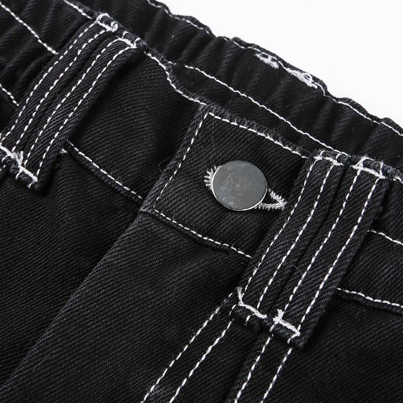 Pantaloni Cargo Streetwear Urbani, Pantaloni a Gamba Dritta Larghi a Vita Alta con Tasche Multiple, Jeans Neri Casual da Donna