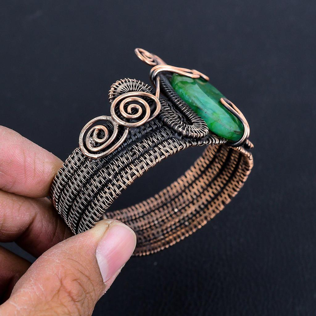 Emerald Bangle 999 Copper Wire Wrapped Jewelry, Handmade Gemstone Bangle Jewelry, For Wedding Gift