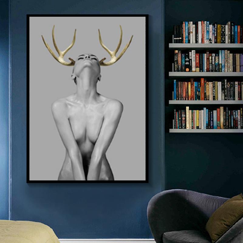 

Скандинавская современная сексуальная обнаженная женщина, золотой олень, холст, картина, обнаженный портрет, настенная художественная картина для гостиной, домашний декор, Cuadros 21x30cm No Framed