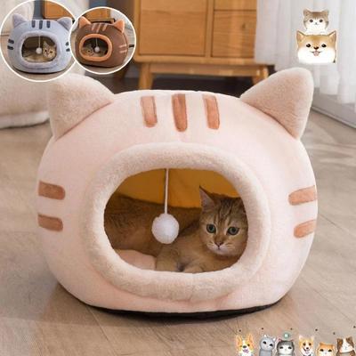 Semi-enclosed Cat Bed Non-slip Pet Kennel  Kitten House Indoor Sleeping Cats Cave Bed Plush Foldable Small Dogs Tent Stuff