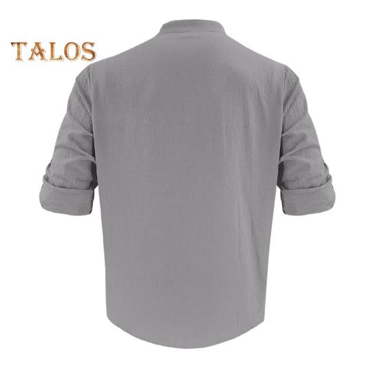 Men Cotton Shirt Long Sleeve Button Down Solid Color Shirt Henry Collar Casual Top with Adjustable Sleeves for Daily Wear Beach Vacation