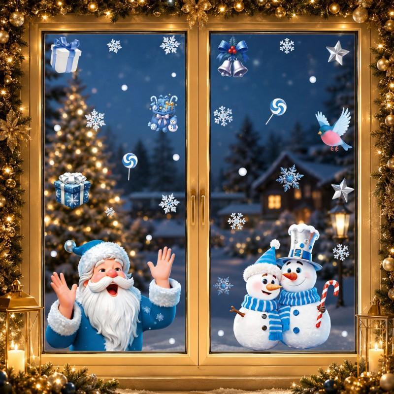 Blue Christmas Window Stickers Snowman Santa Claus Decals Winter Holiday Decorations