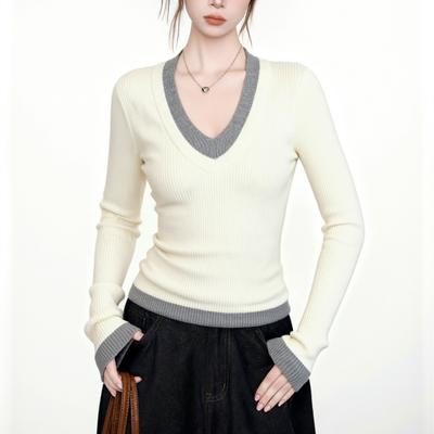 [Andy Fleece Washing Water] Fake Two Contrasting Color V-neck Long-sleeved Sweater Knitted Sweater Versatile Inner Woman