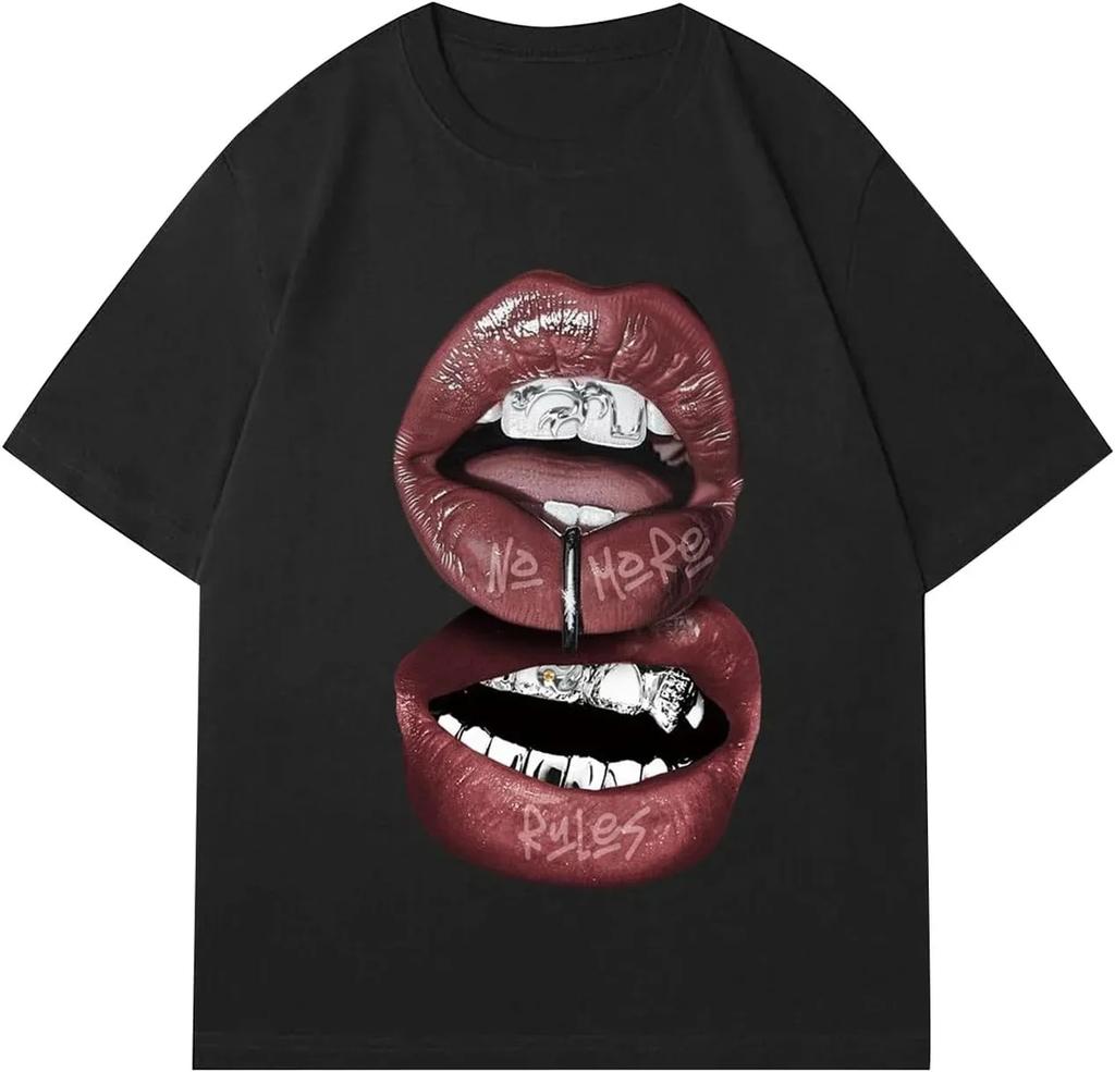 Women's Lip Print Pattern T-shirt Y2k Summer Round Neck Retro Streetwear Fashion Kawaii Minimalist Top