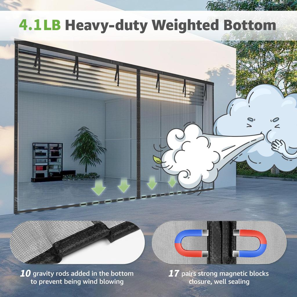 Garage Screen Doors for 2-Car Garage Fiberglass Heavy Duty Magnetic Door Screen Hands-Free with 6 Roll Up Straps for Outdoor
