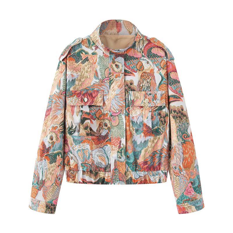 

Za Autumn New Women clothes Commuter Style Casual Stand Collar Long sleeve Peacock Print Zipper Ornament Crop jacket Outerwear Flower color L