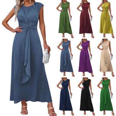 Women's Fashion Casual -Color Waist-Tied Long Sleeveless Dress