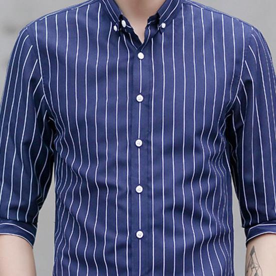 Yaka 3/4 Kol Tek Düğmeli Erkek Gömleği Slim Fit Çizgili Baskılı Günlük Gömlek Üst