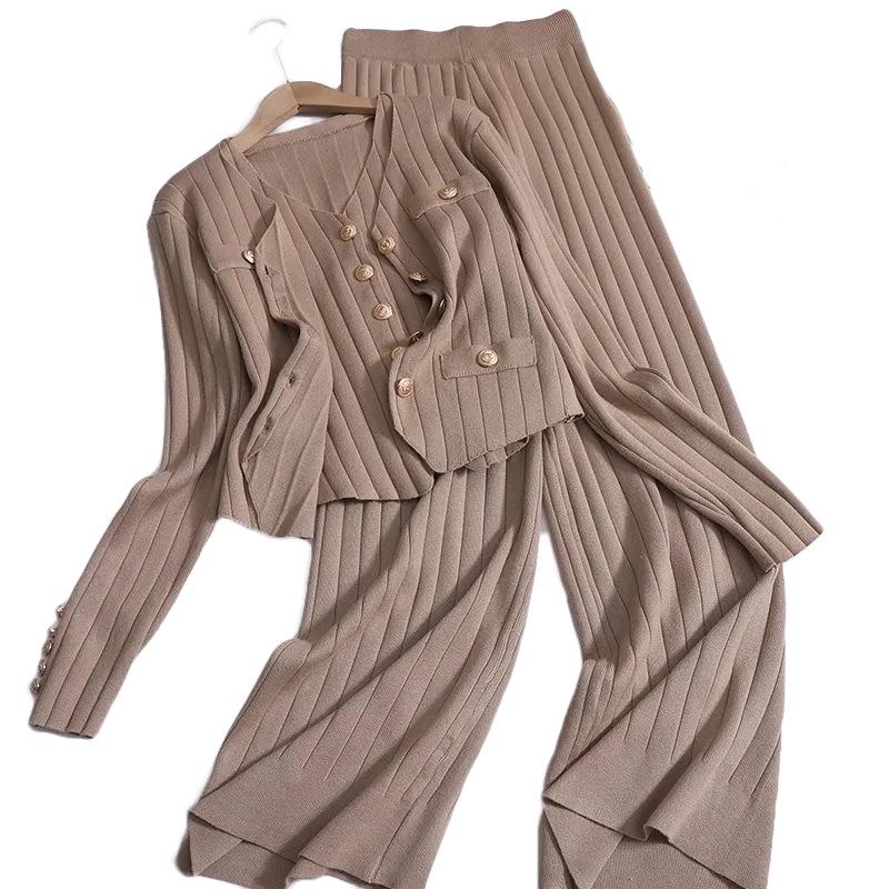 Women's Knitted Sweater Set: Buttoned Cardigan Vest with High-Waist Ribbed Knit Long Pants - Fashionable & Casual 3-Piece Style