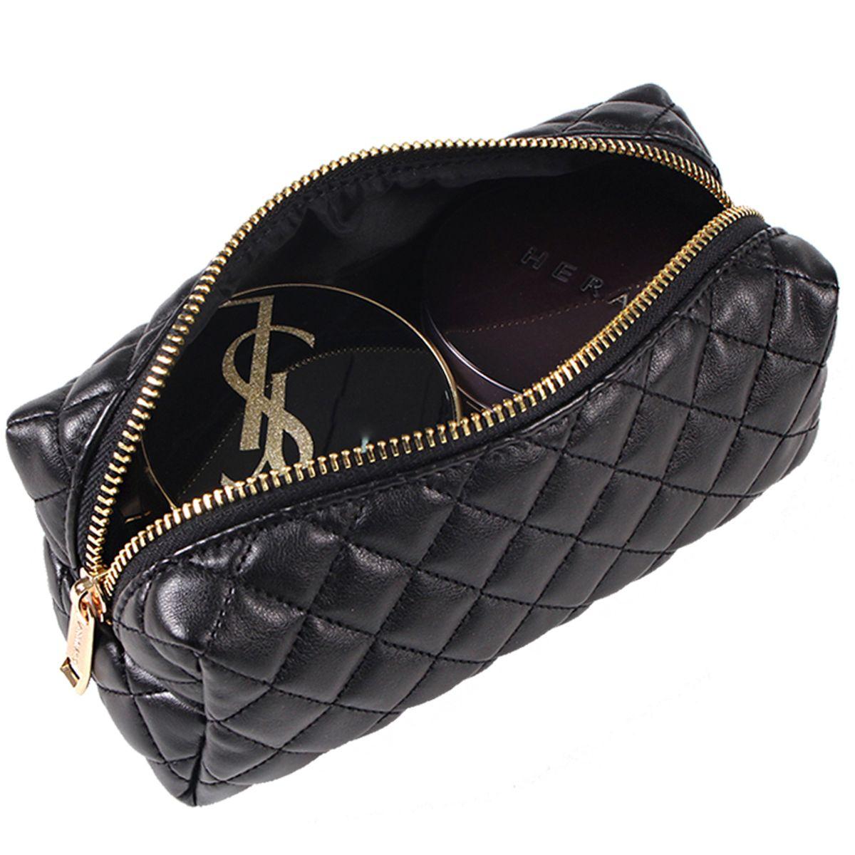 Quilted cosmetic cylindrical pouch black