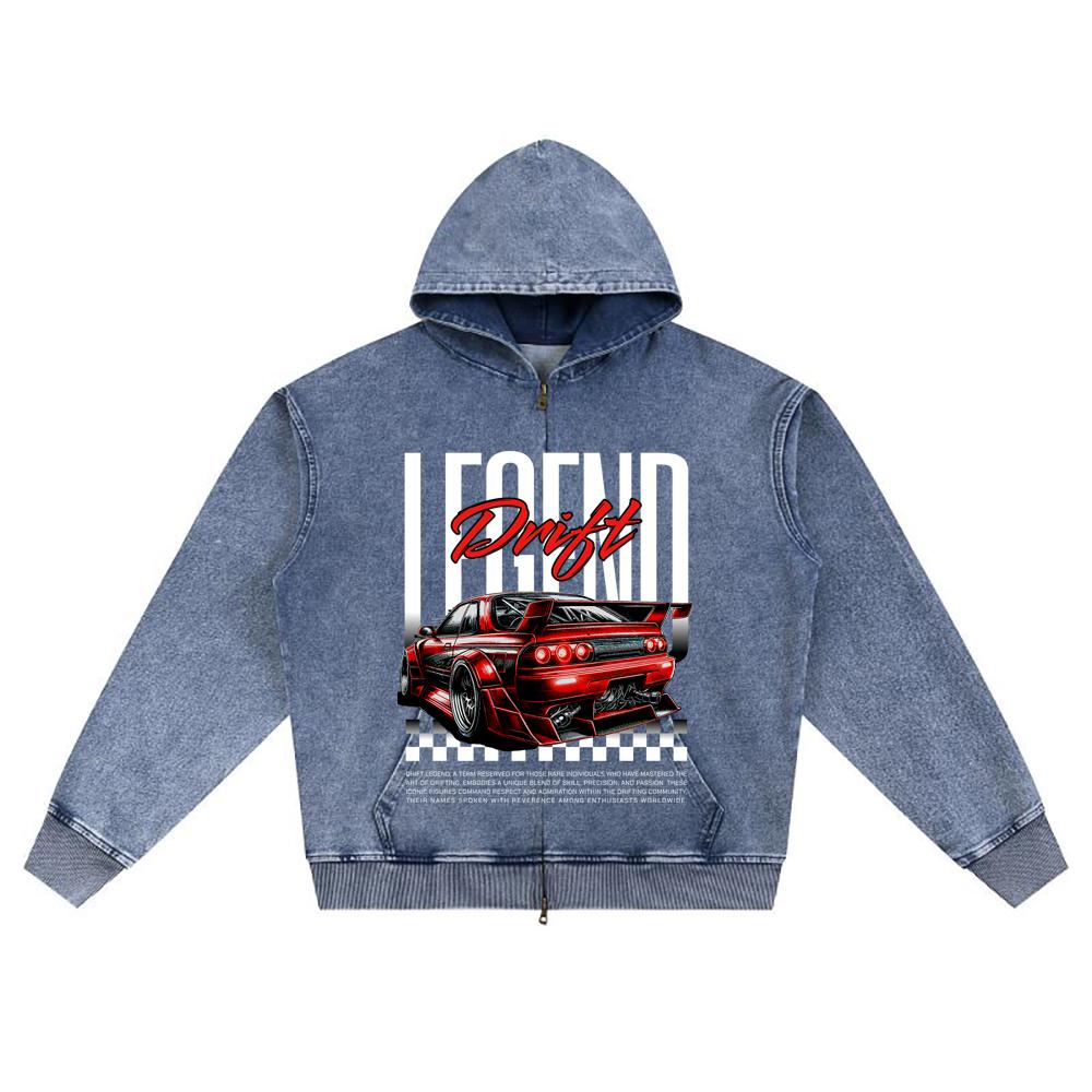 DTG print Knitted Denim Zip-Up Hoodie Legend Drift Urban Streetwear Brother Print Zipper Hoodies  