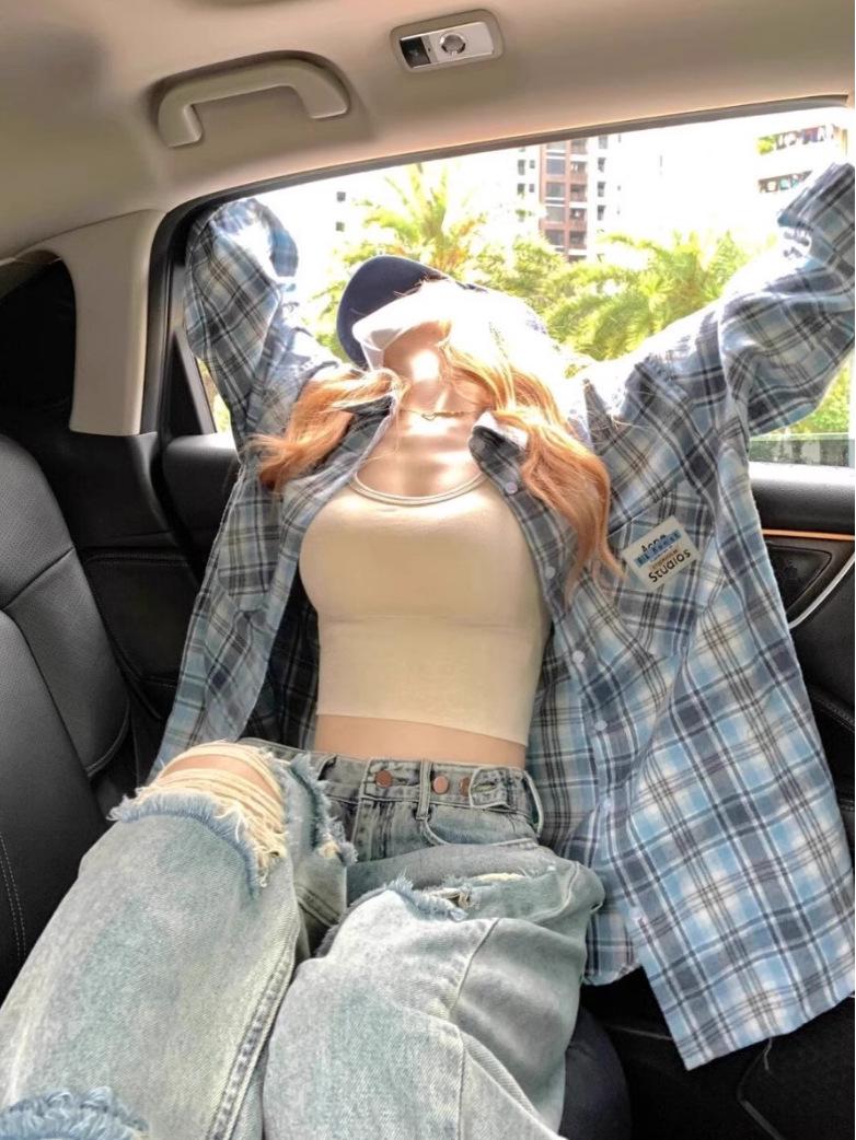 

Женская ретро клетчатая рубашка-куртка с длинным рукавом - Универсальный стиль Гонконга для начала осени с защитой от солнца XXXL синий