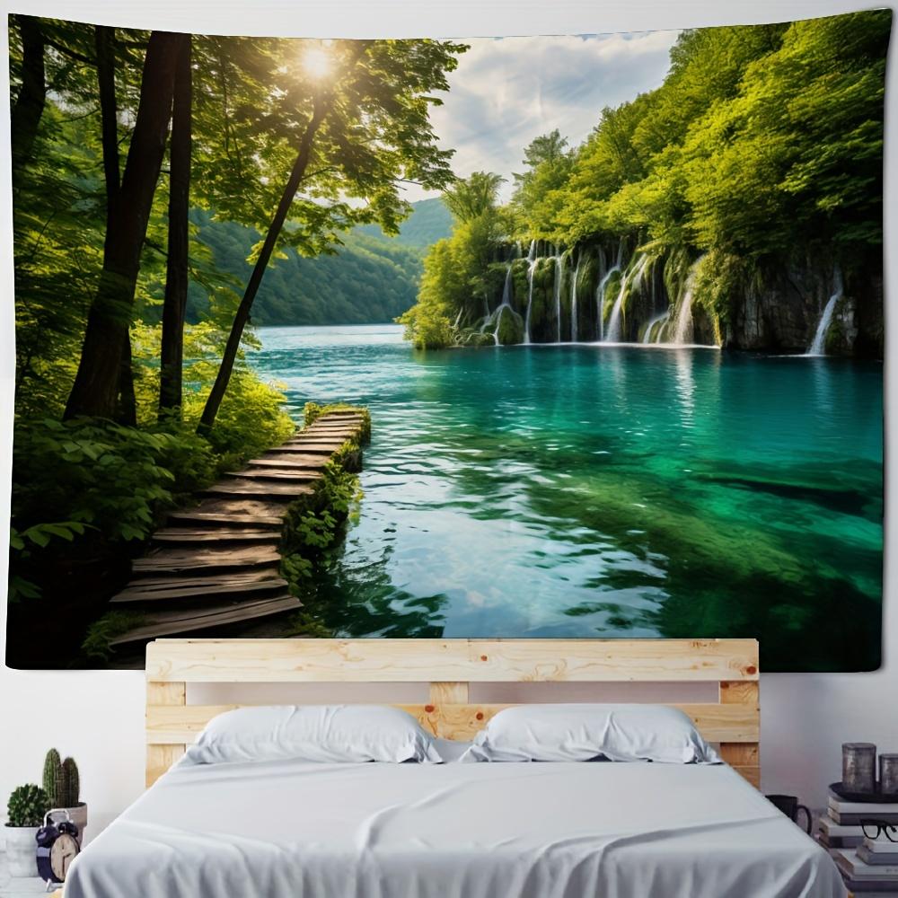 Breathtaking Forest Lake Tapestry - Vibrant Polyester Woven Wall Hanging with Scenic Nature Scene, Perfect for Bedroom and Livin