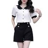Women's Summer Color Block Doll Collar Two-Piece Set: Short Sleeve Top & Shorts