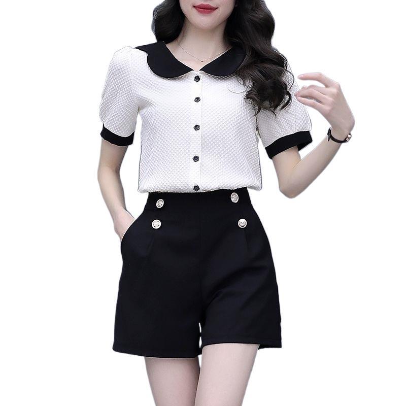 Women's Summer Color Block Doll Collar Two-Piece Set: Short Sleeve Top & Shorts
