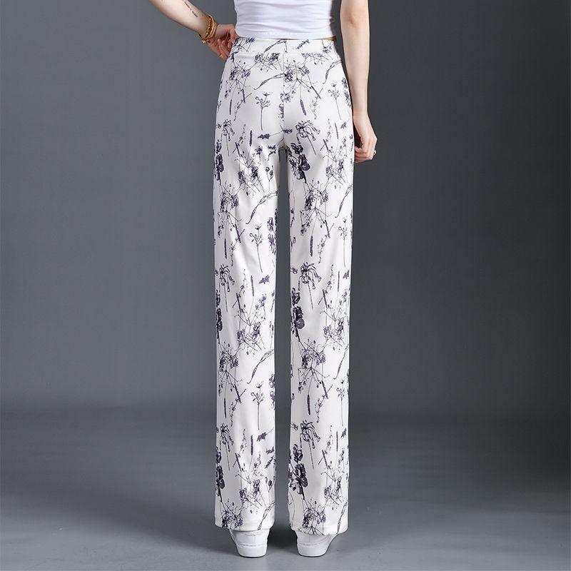 2025 Summer New Versatile Elastic Waist Straight Leg Pants Cuihua Print - Slimming, Stretchy Women's Long Trendy Body Shaping Pants
