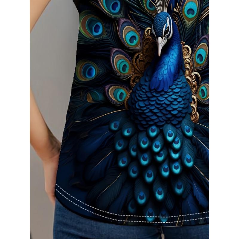 Tricou Damă - Grafică Pană de Păun, Design Păsări Vibrante Luxe pentru Purtare Casual Zilnică