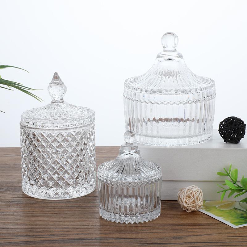 Clear Crystal Embossed Glass Yurt Candle Holder & Candy Jar with Lid