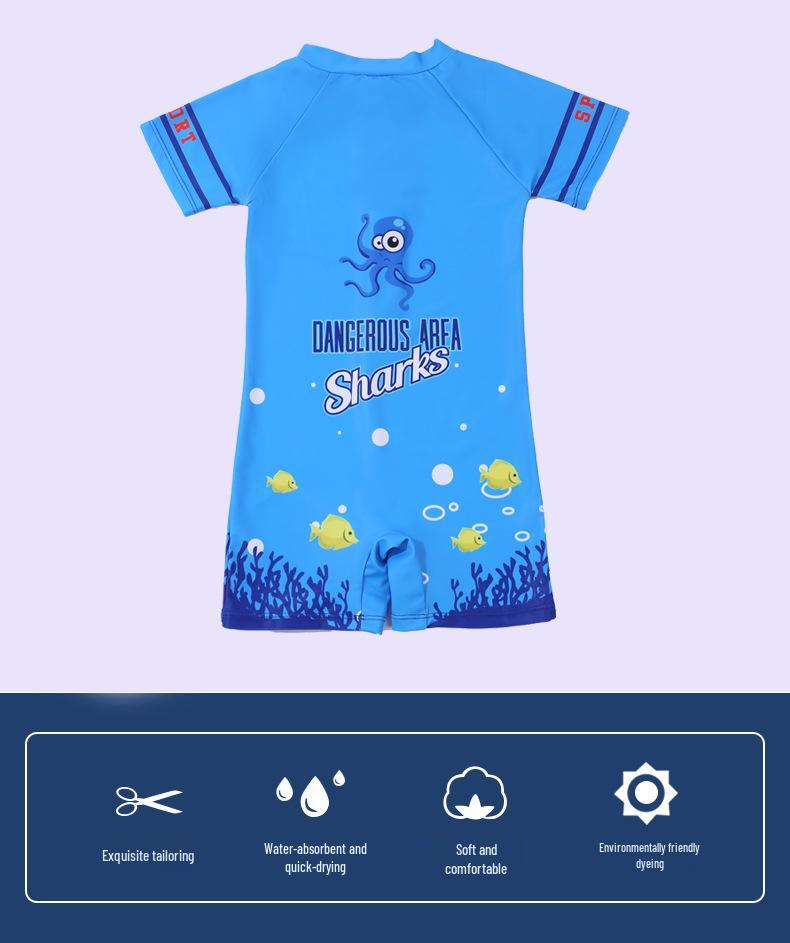 New Boys' One-Piece Cartoon Swimsuit: Cute, Quick-Drying Sun Protection for Toddlers to Big Kids