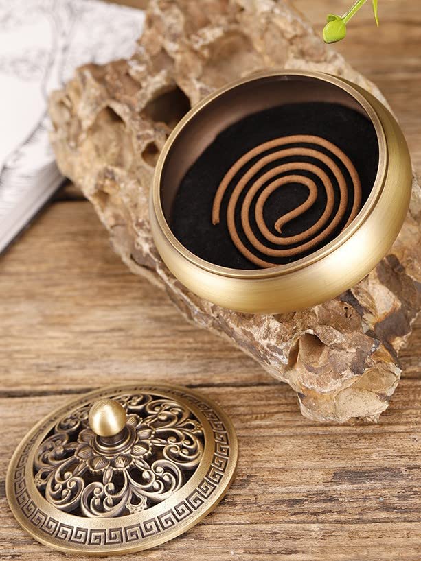 [BERESHITH] Oriental-style Incense Burner and Incense Holder Set with Lid, Antique Copper, Stylish Interior, Buddhist Altar Accessories (Medium)