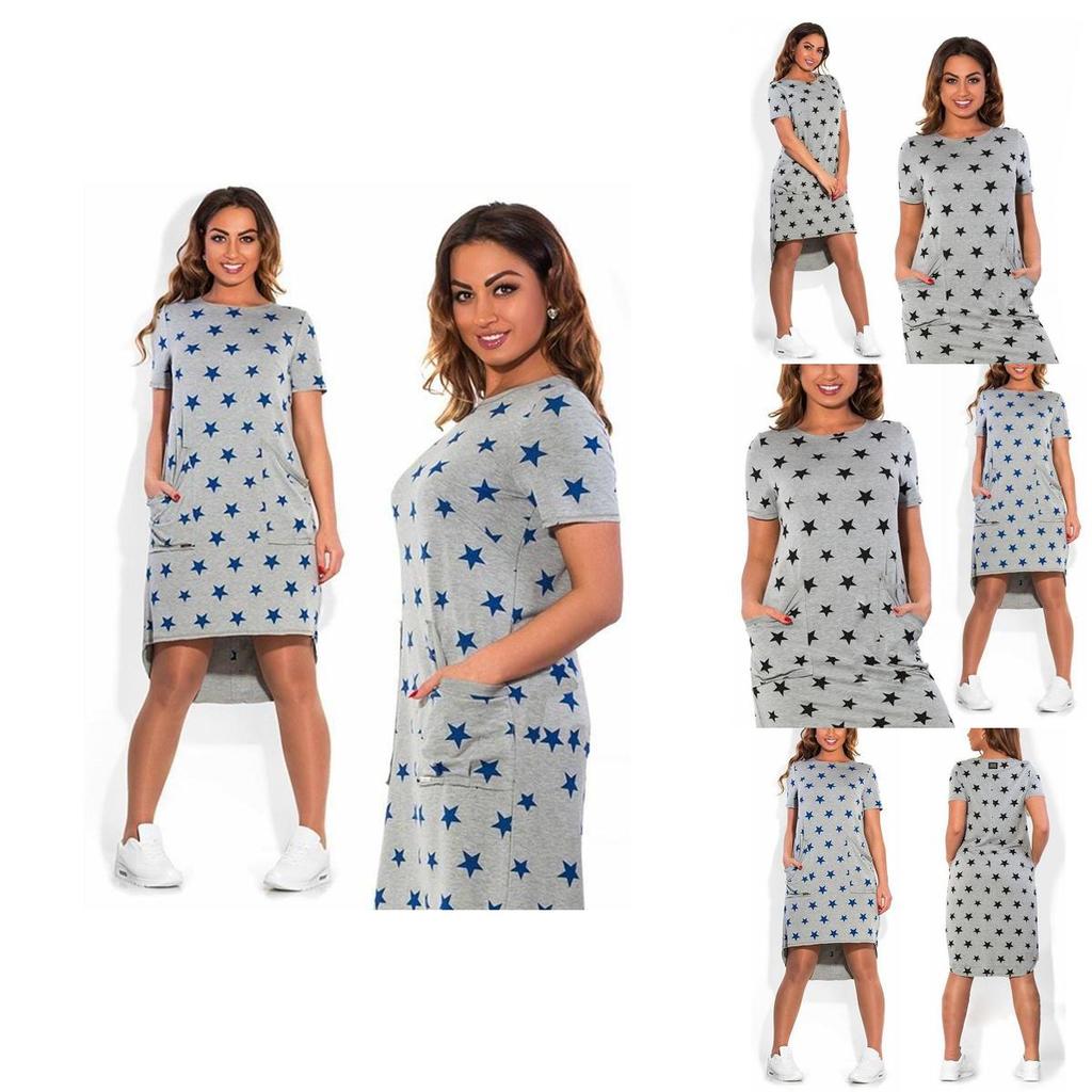 Summer Women Stars Printed Clothing Loose Fit Knee-length Casual Dress In Cotton Blend