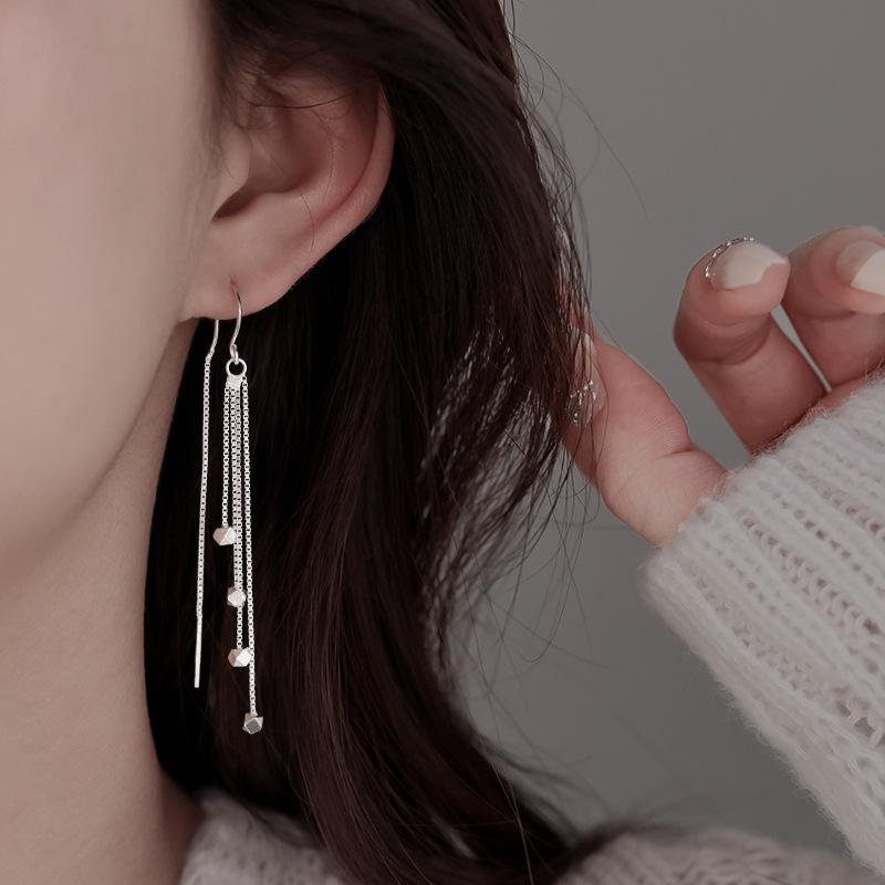 Long Tassel Broken Silver Earrings Temperament Muse Fan Chain Ear Hook Live Stream Small Square Earphone