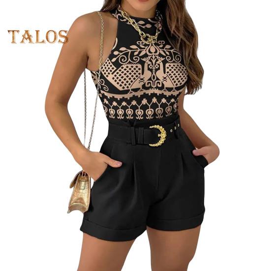 

Женский комплект из двух предметов: короткий, без рукавов, круглый вырез, жилет, топ, шорты с высокой талией, комплект с поясом, летний цветочный принт M чёрный