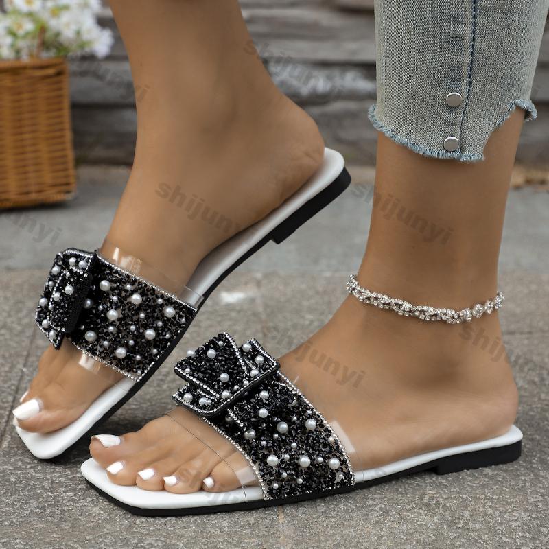 Women Luxury Flats Slippers 2025 Summer Designer Brand Beach Sandals Ladies Flat Open-toe Pearl Bow Shoes Slides Plus-size 43