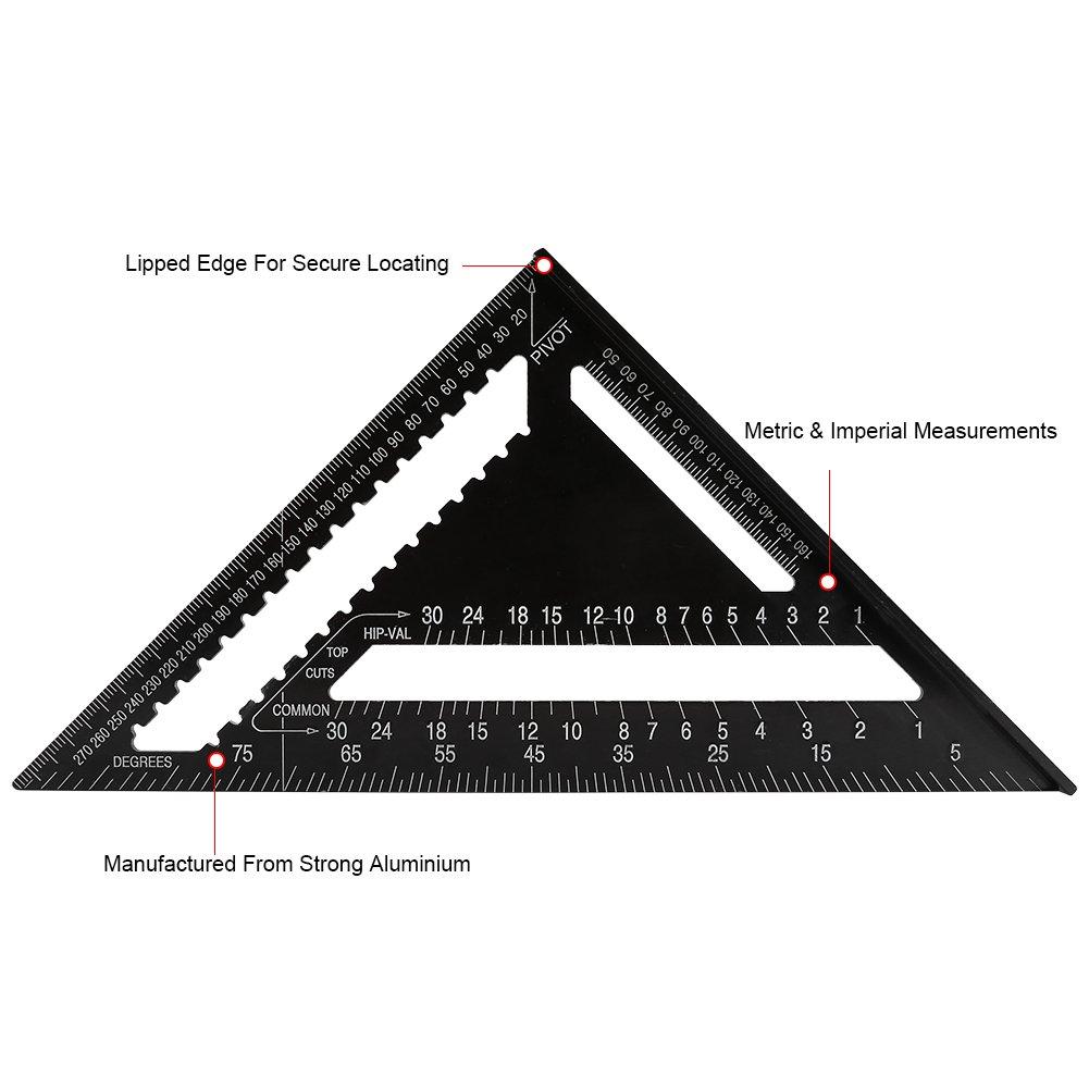 Aluminum 12 Inch Rafter Square Carpenter Measuring Layout Tool Alloy Metal Triangle Ruler Imperial Protractor for Woodworking and Carpentry 1 Pc