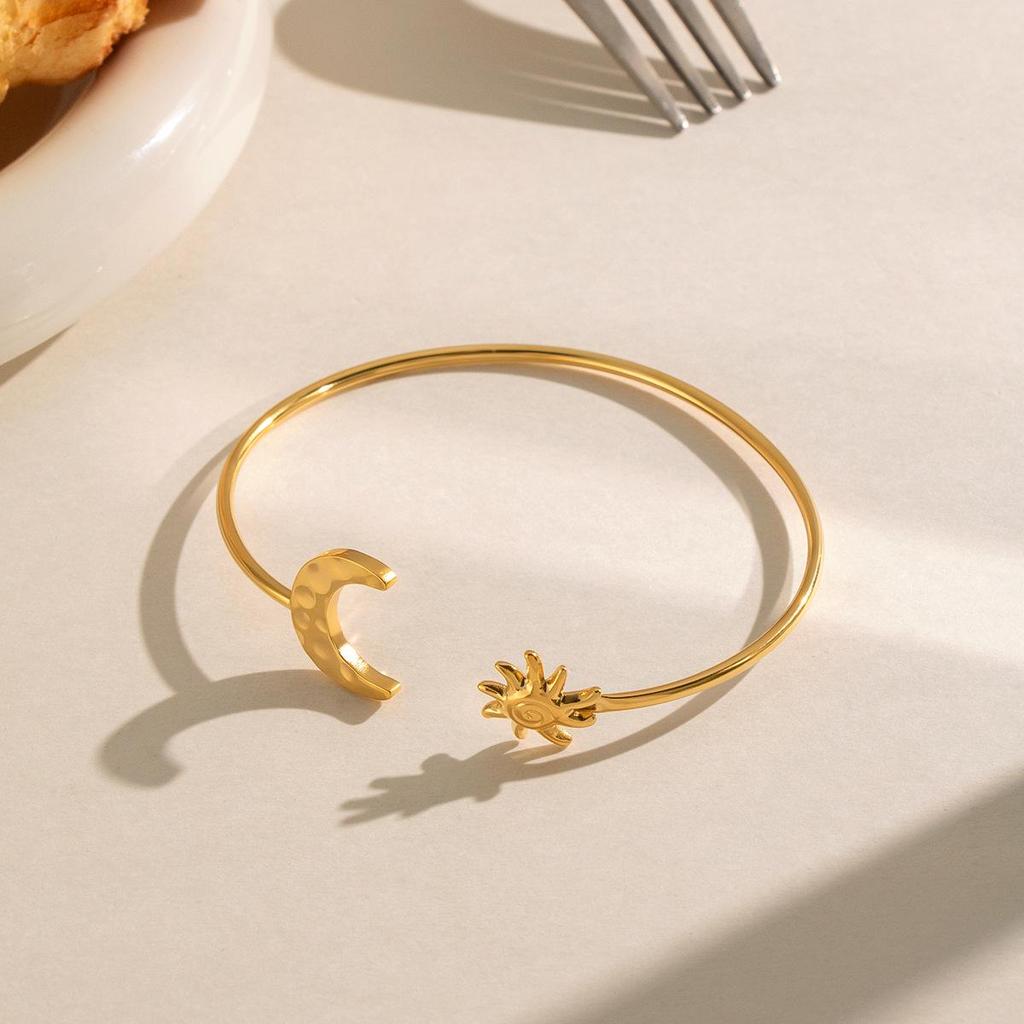 Xia Ling Titanium Steel Sun Moon Open Bangle - Elegant European-American Design for Women's Luxury Fashion.