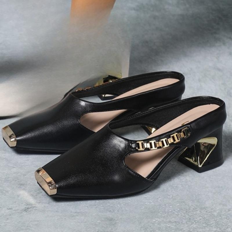Fashion Special Heel Metal Wrapped Slippers Autumn New Square Toe Shallow Mouth Cutout Metal Chain Non-slip High Heels