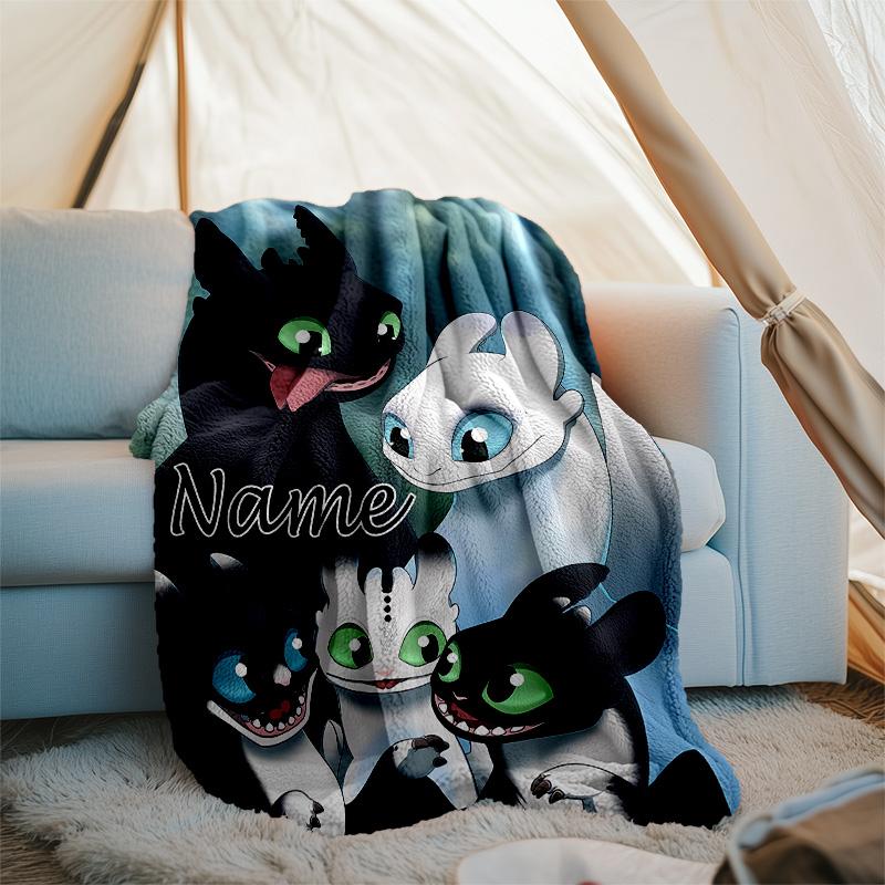 Customizable Toothless Throw Blanket – Personalized Name, All-Season Cozy Snug Blanket, Machine Washable, Personalized Blanket
