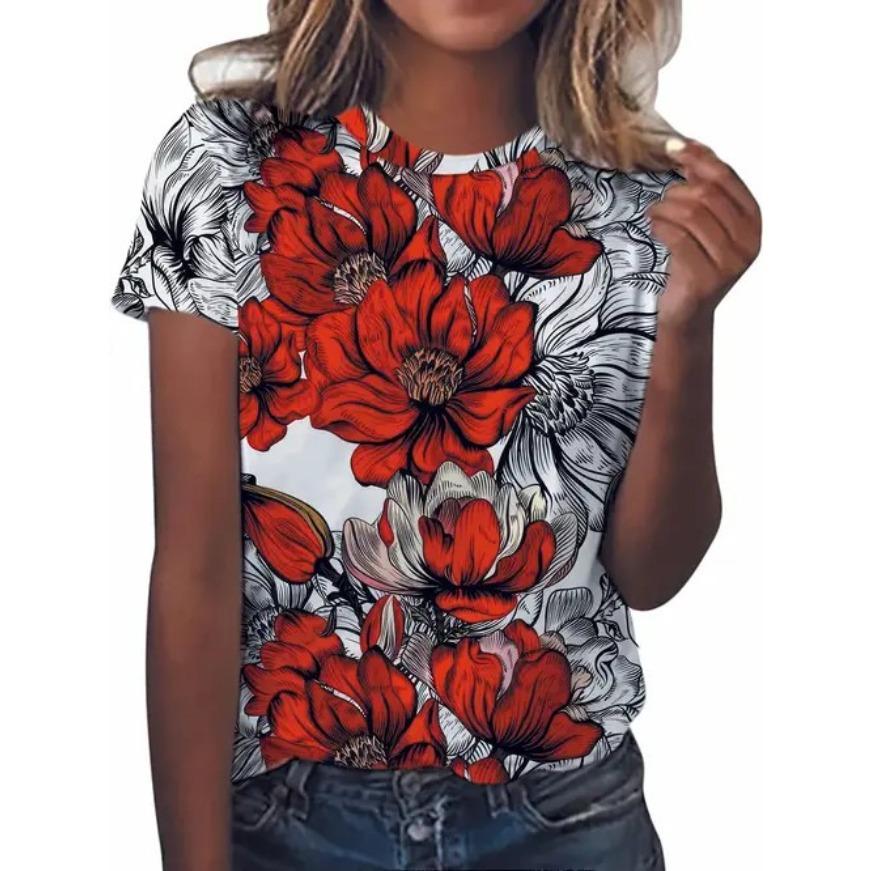 Fashionable Tees Minimalist 3D Print Pattern Women's T Shirt Round Neck Short Sleeved Top