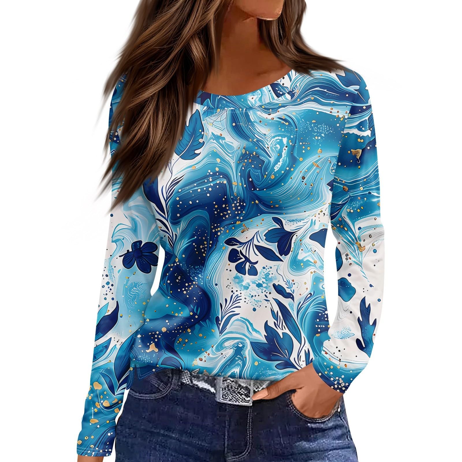 

Женская повседневная футболка с 3D-принтом, цветочным принтом, круглым вырезом, простая элегантная, с длинными рукавами, женская мода, пуловер с длинными рукавами 2XL