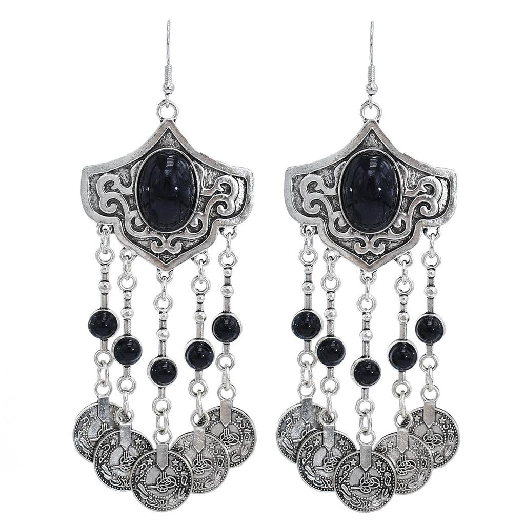 Ancient Silver Alloy Earrings, Xinjiang Ethnic Style Jewelry, Turkish Coins, Women's Fringed Earrings.